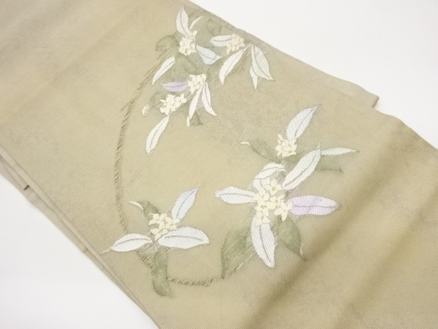 JAPANESE KIMONO / NAGOYA OBI FOR SUMMER / SILK / WOVEN FLOWERS & LEAVES